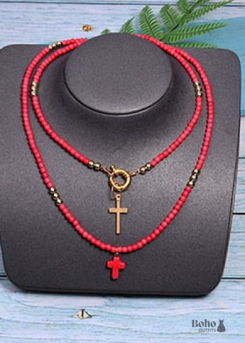 Boho Necklace, Seed Bead Layered Choker, Double Cross